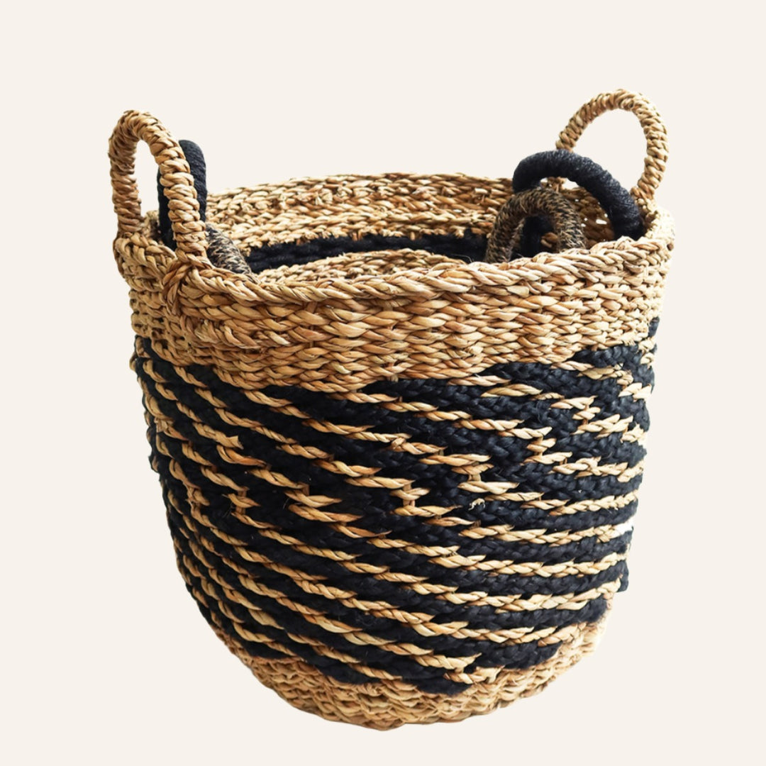 Handwoven Mesh Basket with Handles, Black Gray Natural