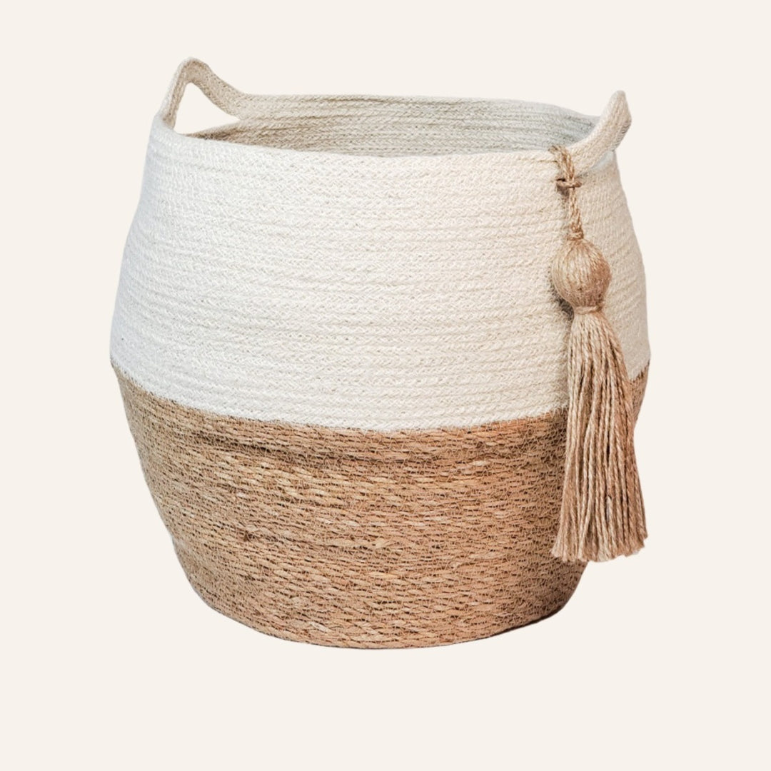 Handwoven Jar Basket, Half White with Handles