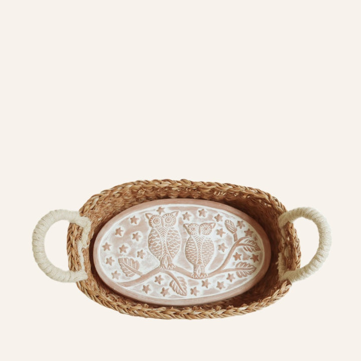 Oval BREAD BASKET WITH WARMING STONE, Owls on a Branch