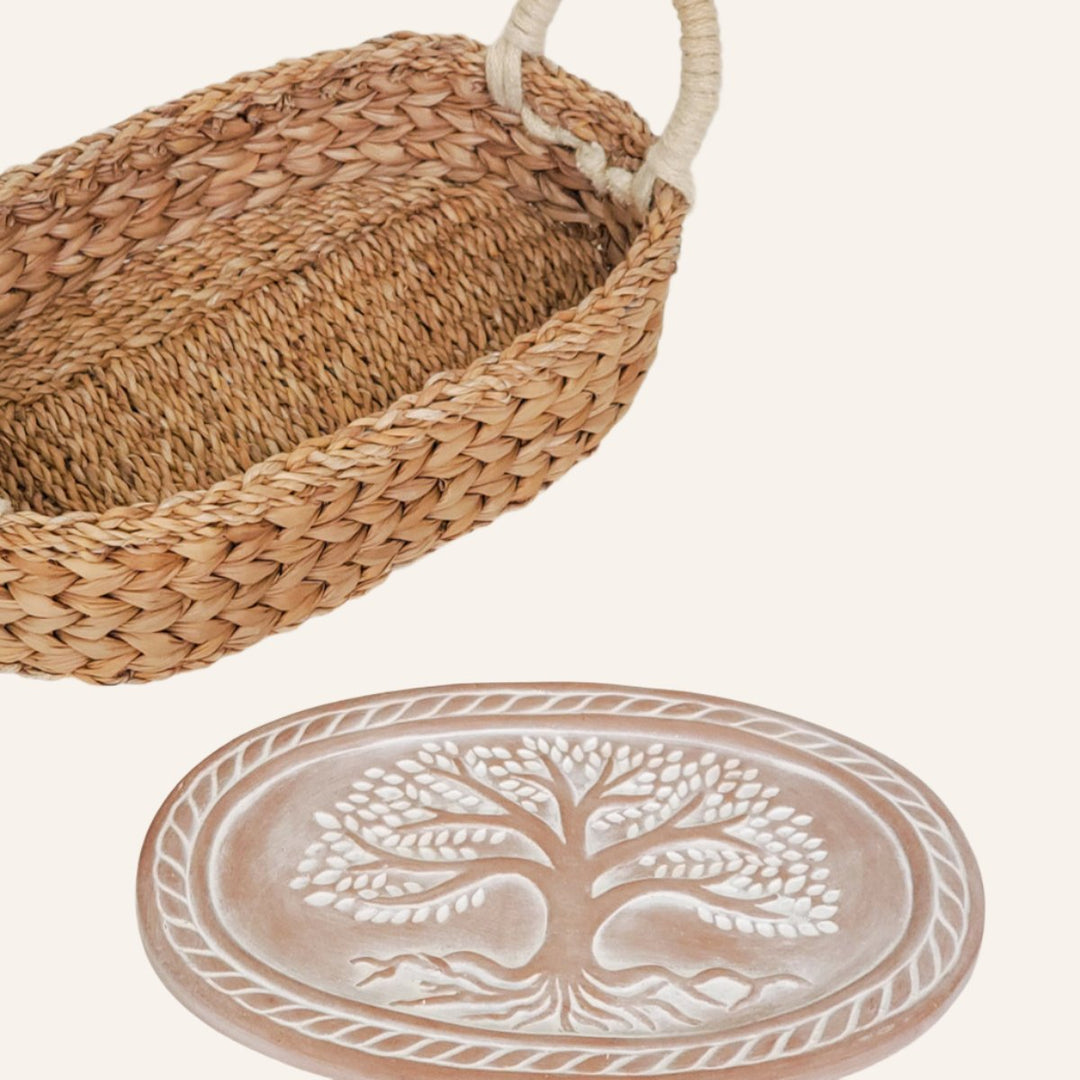 Oval BREAD BASKET WITH WARMING STONE, TREE OF LIFE