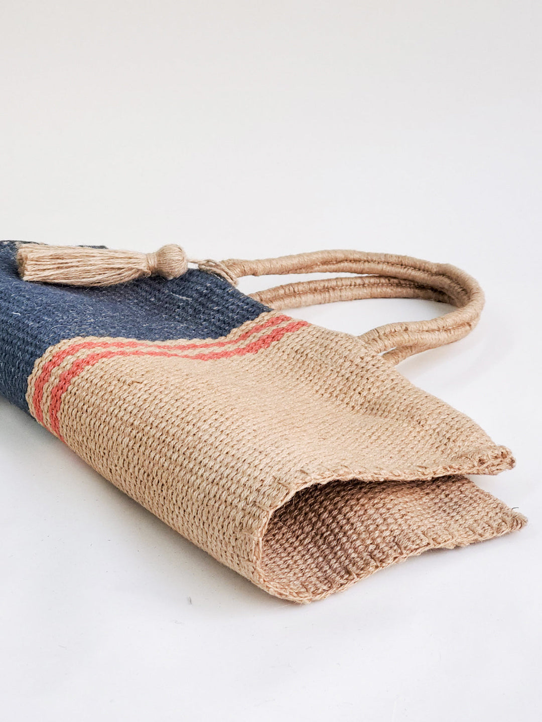 Handwoven Jute Tote Bag, Navy & Red