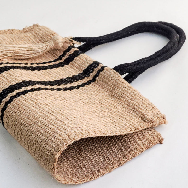 Handwoven Jute Tote Bag, Natural with Black Accents