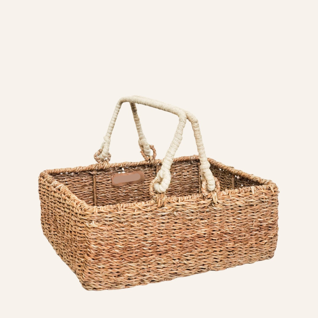 Handwoven Rectangular Storage Basket, White Handles