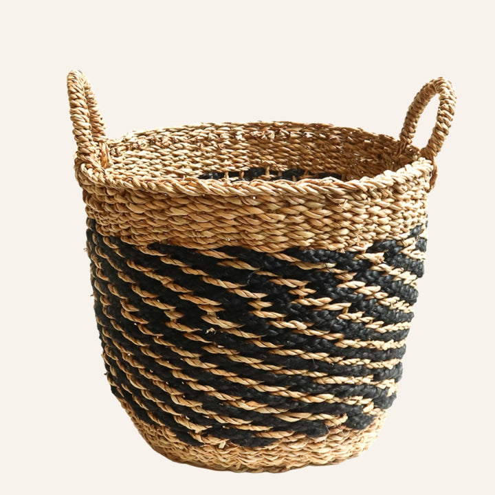 Handwoven Mesh Basket with Handles, Black Gray Natural