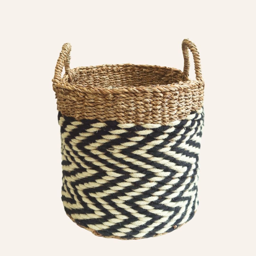 Handwoven Zigzag Basket, Black & White