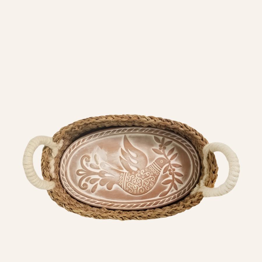 Oval BREAD BASKET WITH WARMING STONE, Bird & Leaves