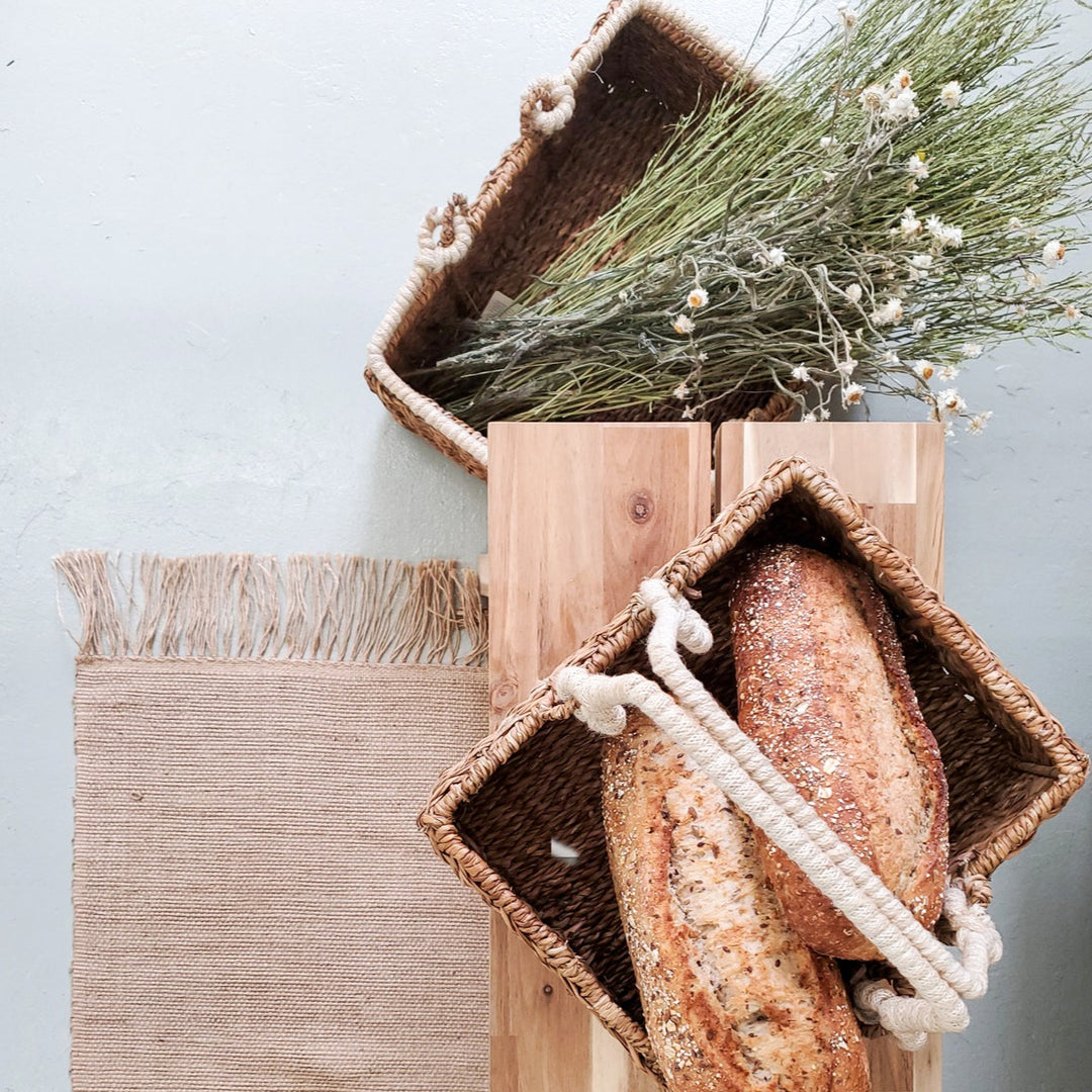 Handwoven Rectangular Storage Basket, White Handles