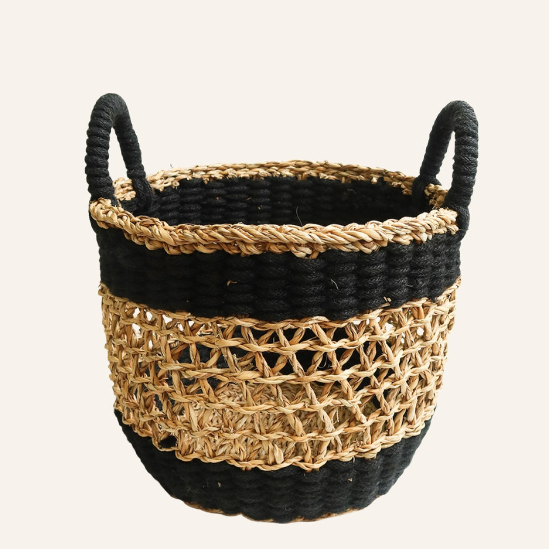 Handwoven Mesh Basket with Handles, Black Gray Natural