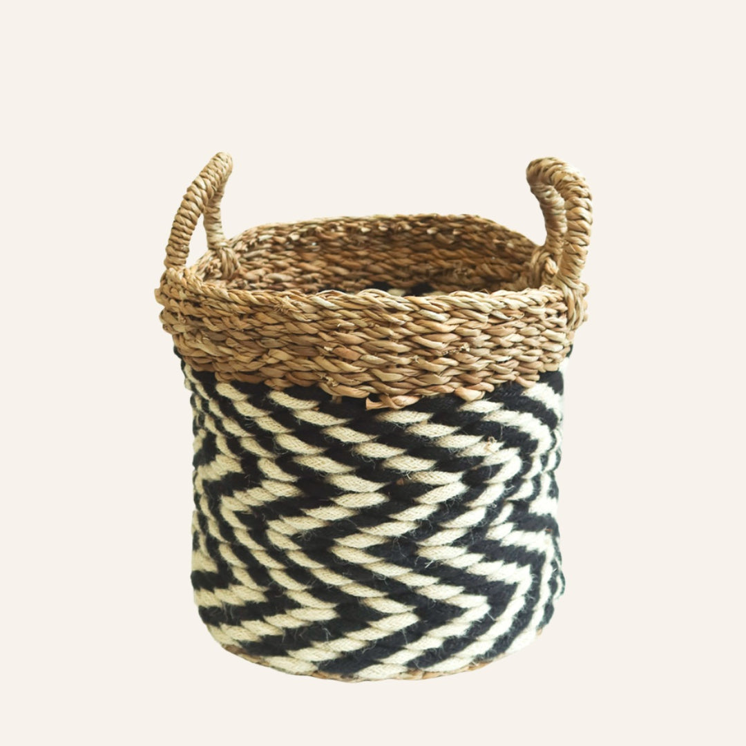 Handwoven Zigzag Basket, Black & White