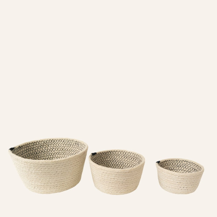 Handwoven Bowl Baskets, Off-White & Black Stitching (Set of 3)