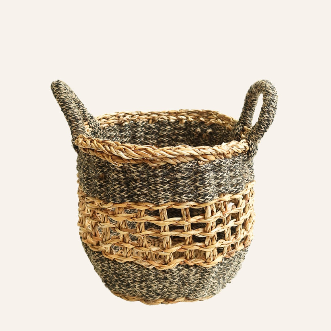 Handwoven Mesh Basket with Handles, Black Gray Natural