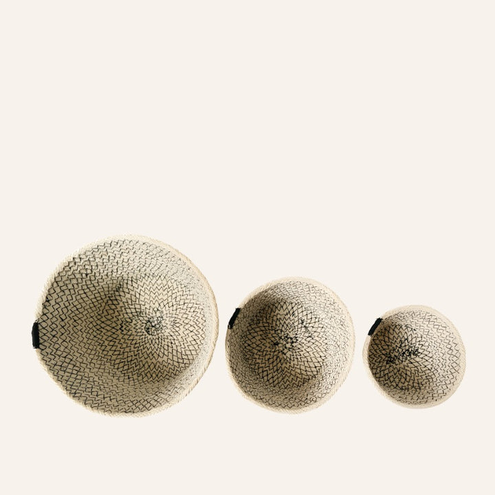 Handwoven Bowl Baskets, Off-White & Black Stitching (Set of 3)