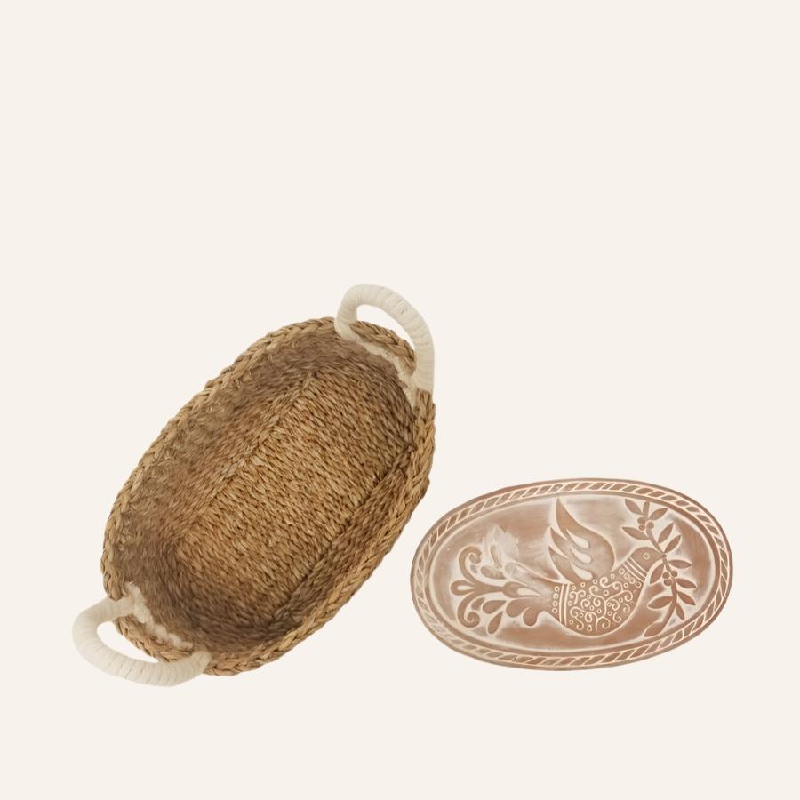 Oval BREAD BASKET WITH WARMING STONE, Bird & Leaves