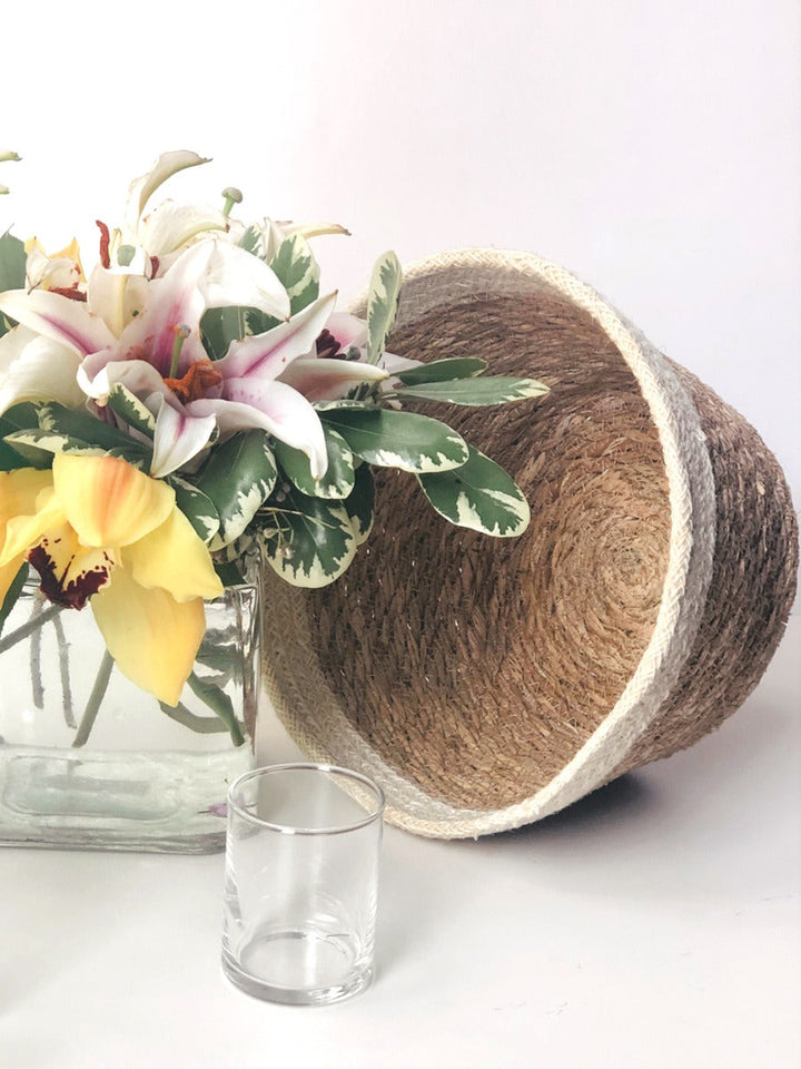 Handmade Plant Bowl Baskets, Natural & Ivory (Set of 3)