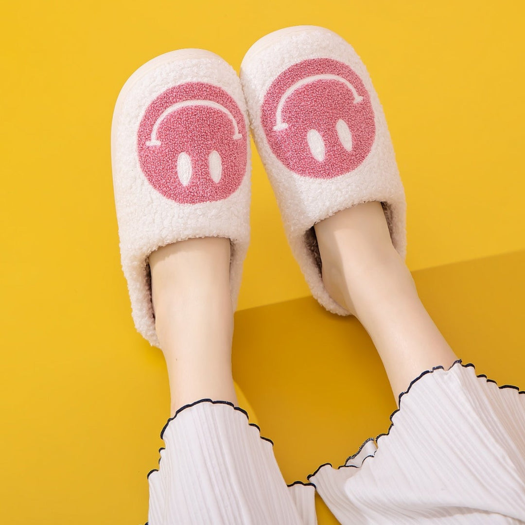 Plush Closed-Toe Slippers, Pink Smiley