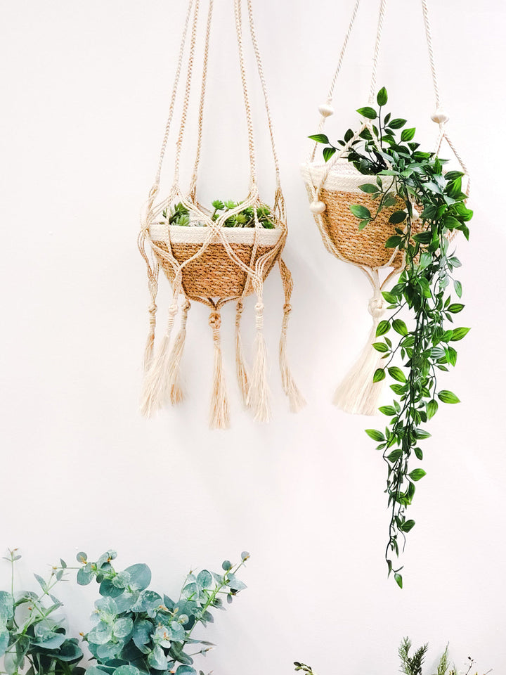 Handmade Plant Bowl Baskets, Natural & Ivory (Set of 3)