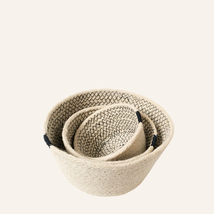 Handwoven Bowl Baskets, Off-White & Black Stitching (Set of 3)