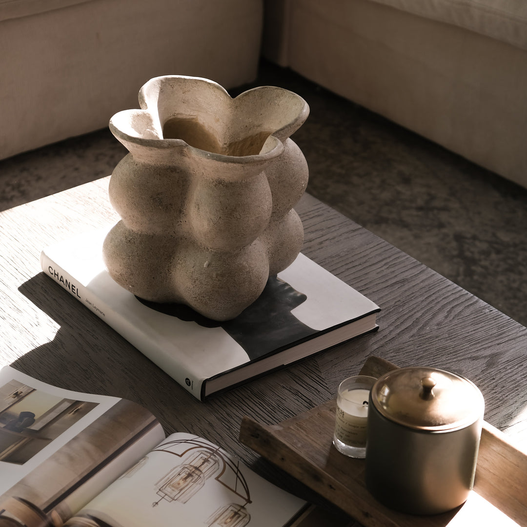Handmade Clay Short Vessel Vase, Cream