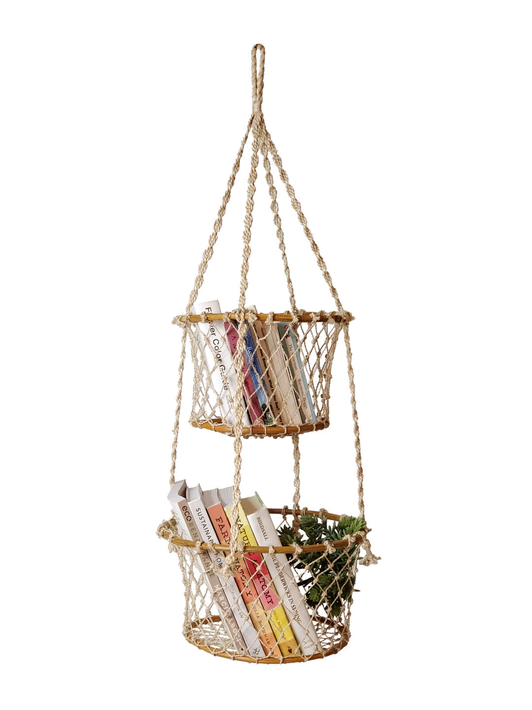 Double Hanging Plant Basket Shelves, Jute & Natural Wood