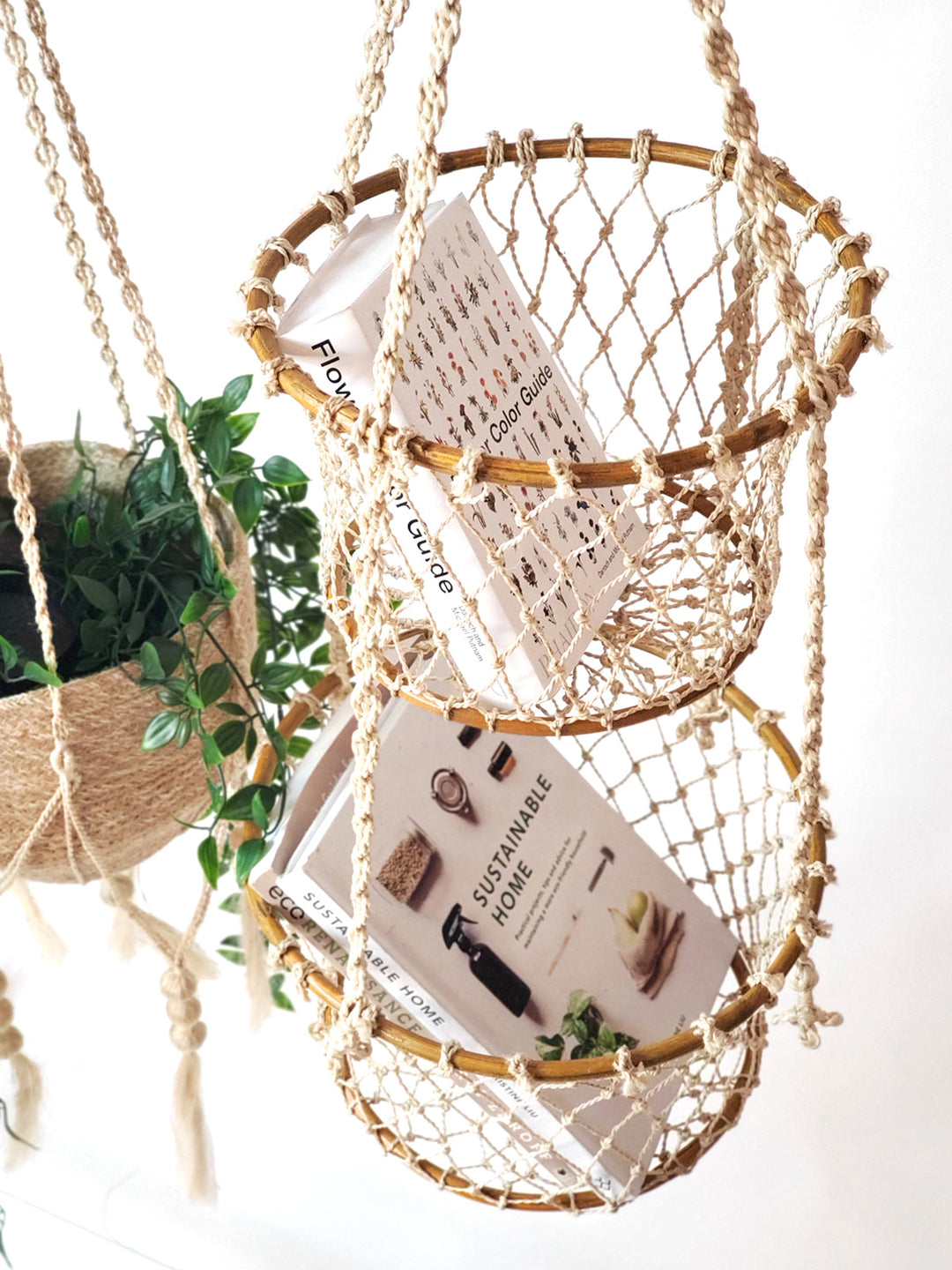 Double Hanging Plant Basket Shelves, Jute & Natural Wood