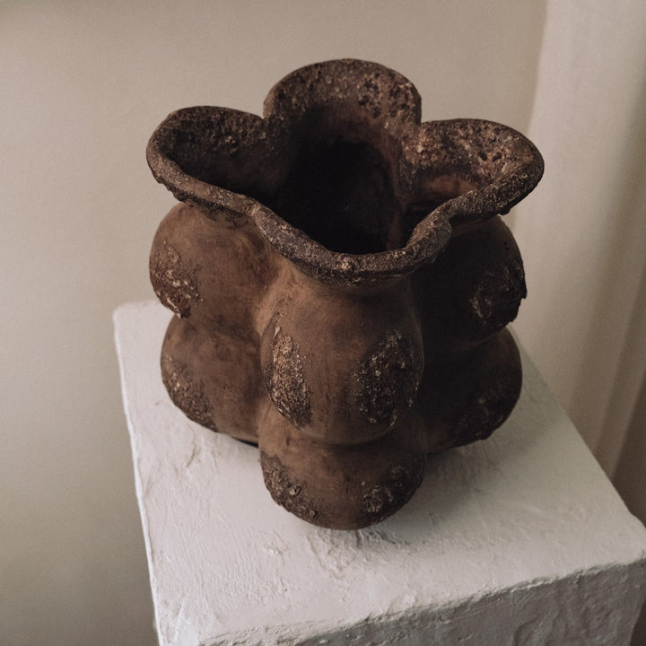 Handmade Clay Short Vessel Vase, Cacao