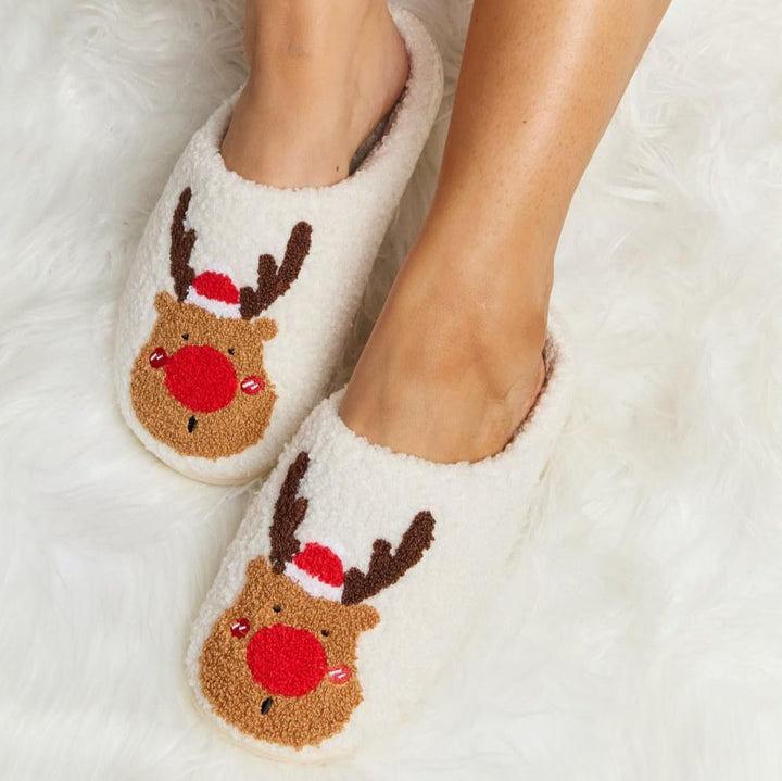 Plush Closed-Toe Slippers, Red or Green Rudolph