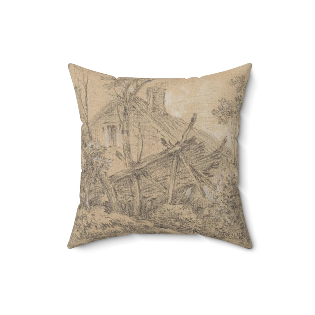 Faux Suede Pillow, Landscape with a Rustic Bridge by François Boucher