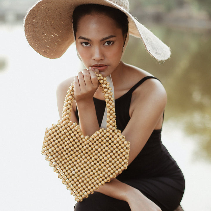 Wood-Beaded Bag, Heart Shape