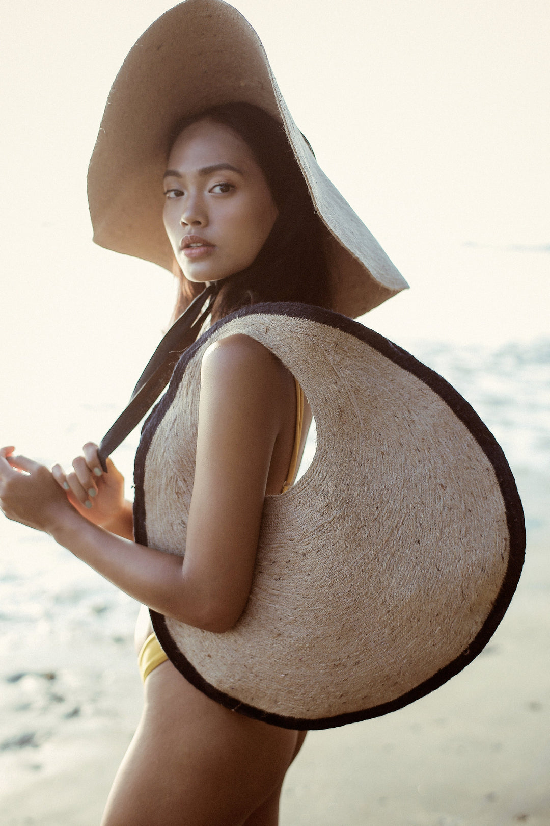 Circular Jute Straw Bag, Black Trim