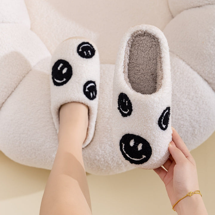 Plush Closed-Toe Slippers, Black Smiley