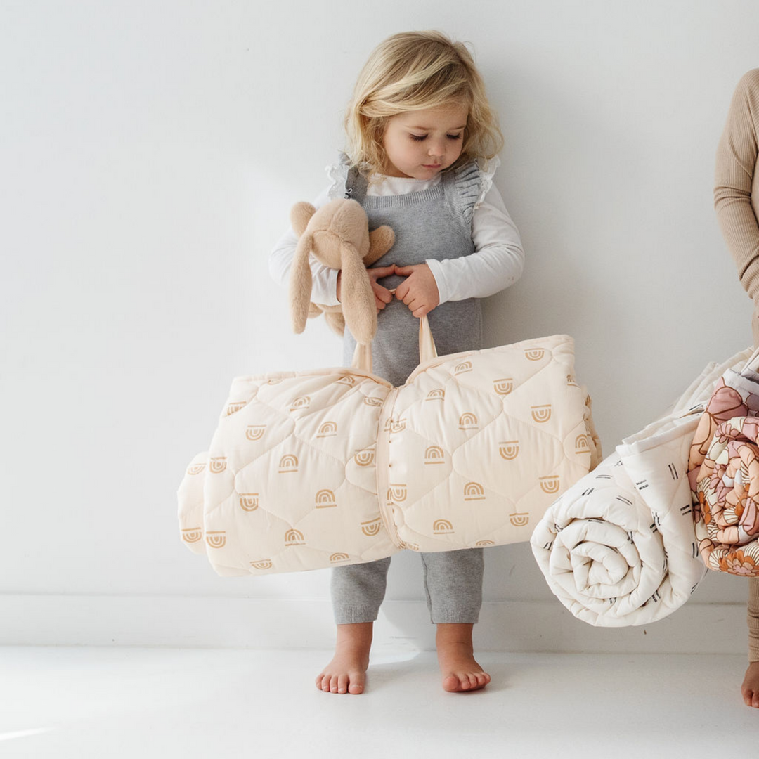 Organic Quilted Cotton Picnic Blanket, Cream Rainbow