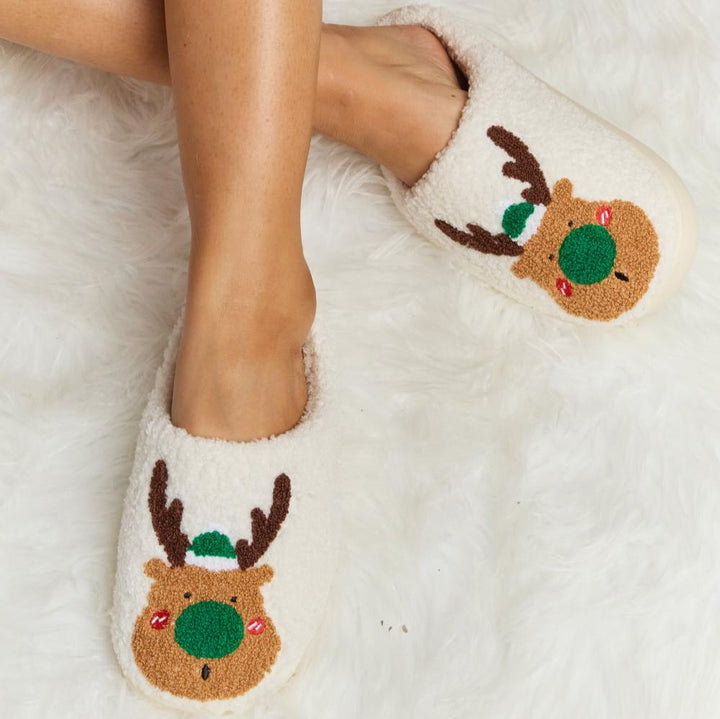 Plush Closed-Toe Slippers, Red or Green Rudolph