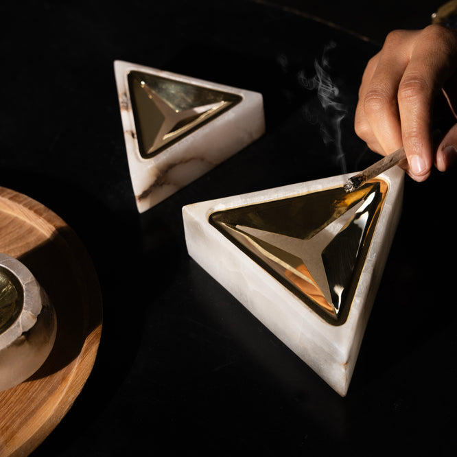 Hand-Carved Stone Ashtray, Alabaster & Brass