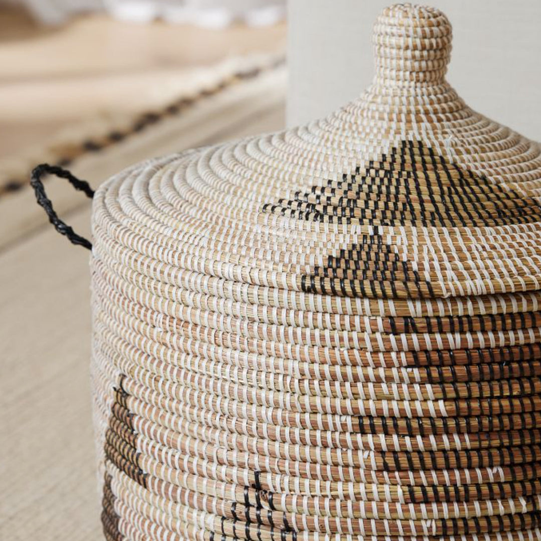 Handmade African Minimalist Storage Basket with Lid, Tall