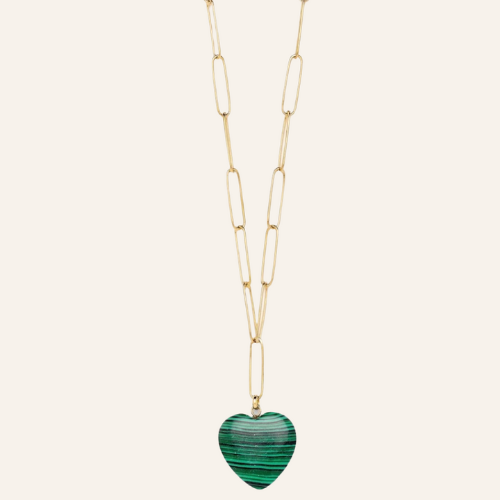 Green Malachite Heart Pendant Necklace, 18K Gold Plated