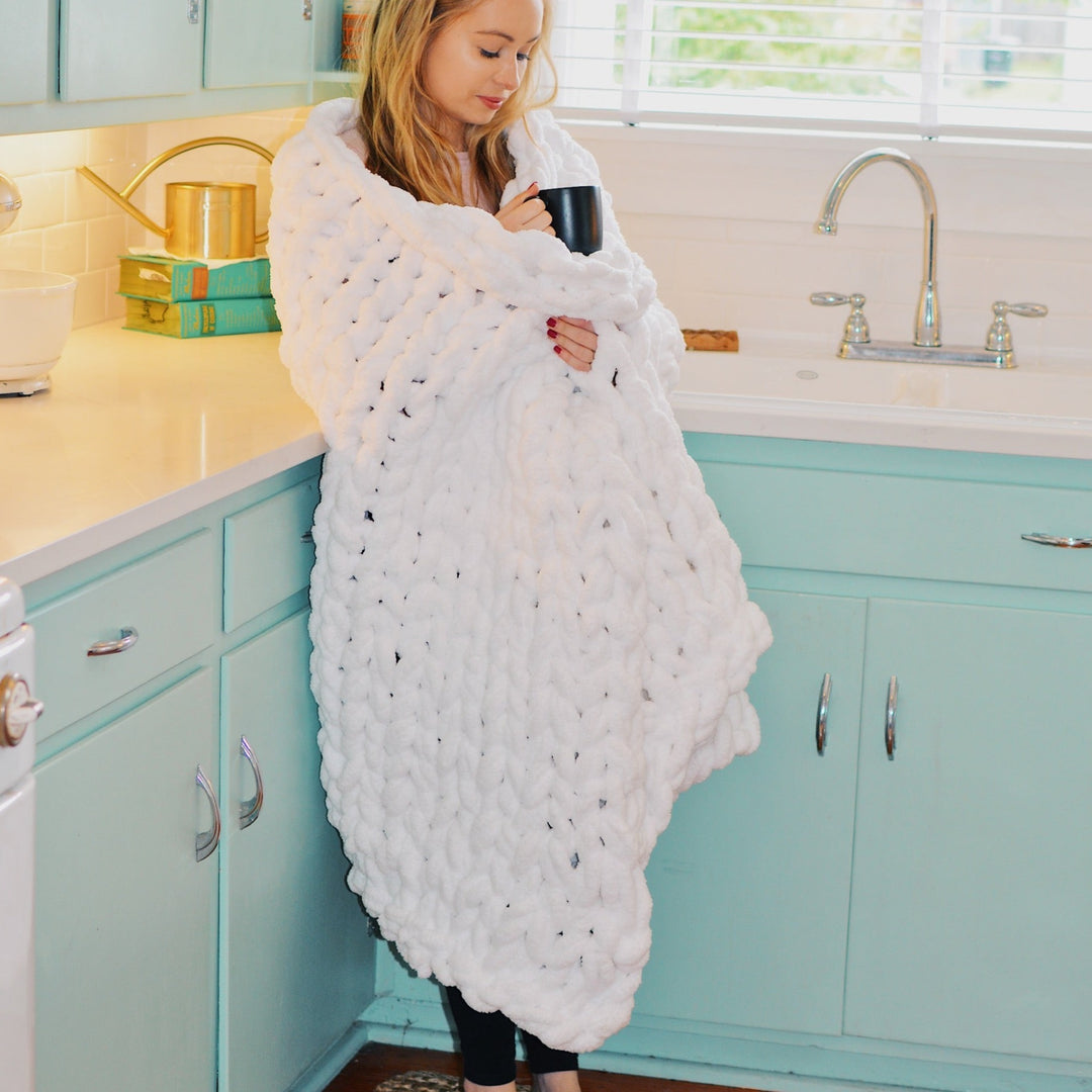 Chunky Hand-Knit Chenille Blanket, White