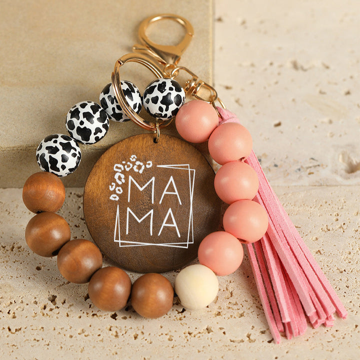 Wood Leopard Beads & Pink Fringe Keychain, Mama