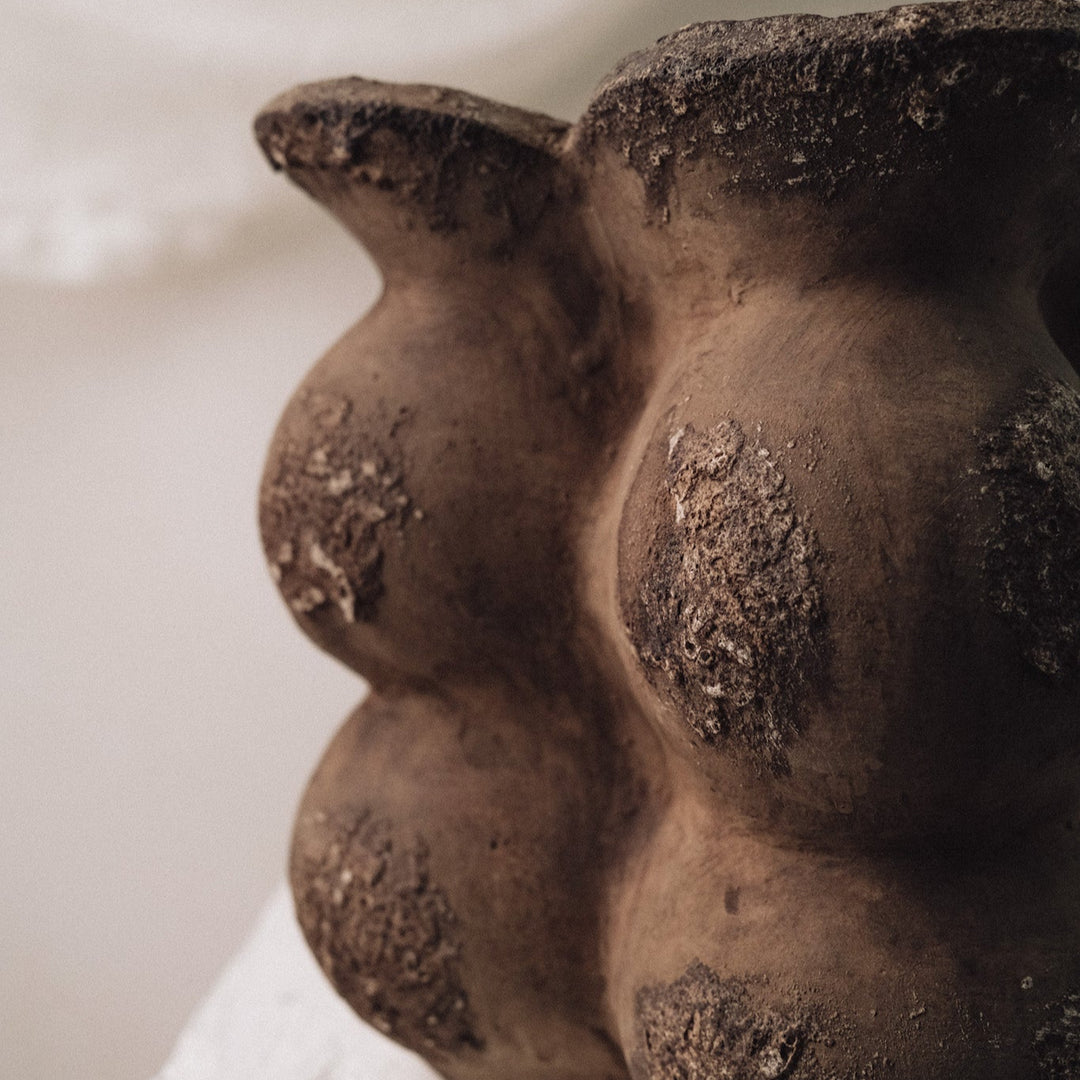 Handmade Clay Short Vessel Vase, Cacao