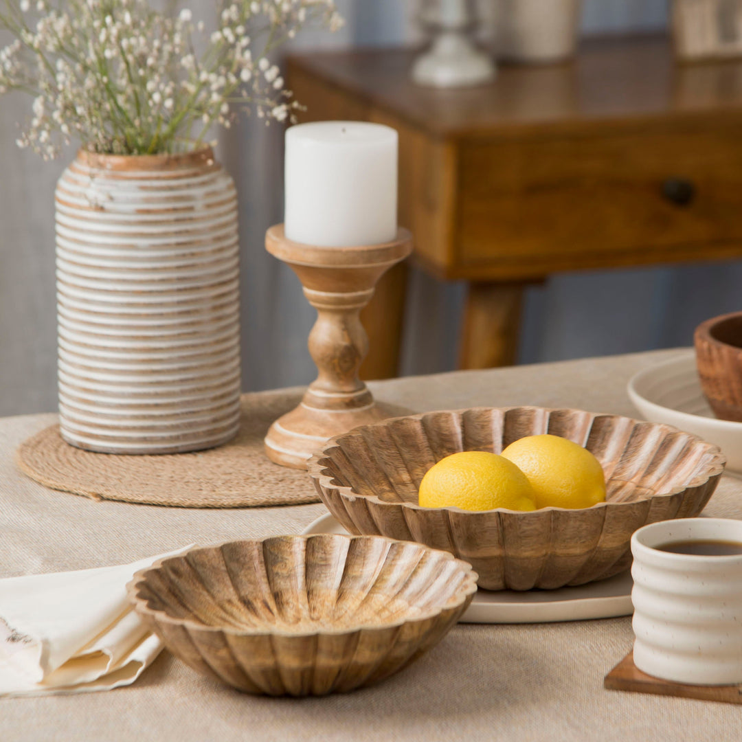 Handcrafted Scalloped Set of 2 Wooden Bowls, Natural