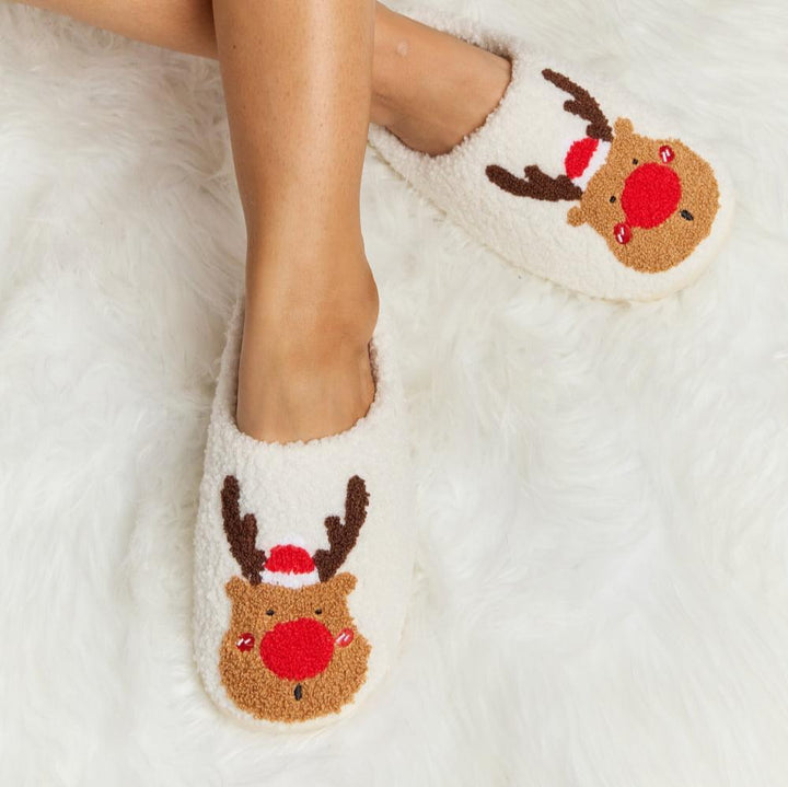 Plush Closed-Toe Slippers, Red or Green Rudolph