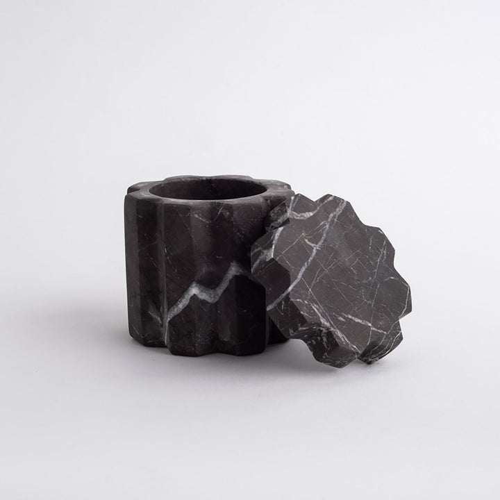 Hand-Carved Container with Lid, Black Marble