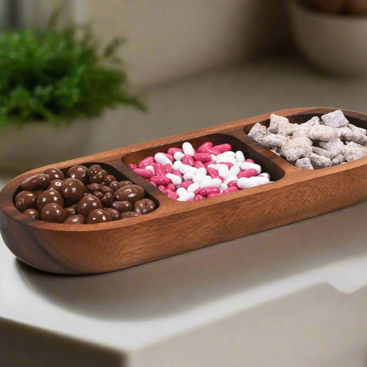 Solid Acacia Wood Candy/Nut Bowl Dish, 3-Compartments