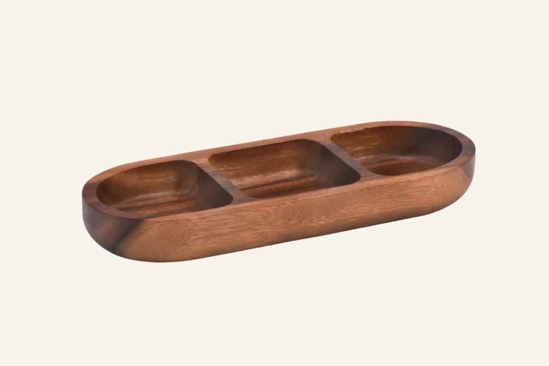 Solid Acacia Wood Candy/Nut Bowl Dish, 3-Compartments