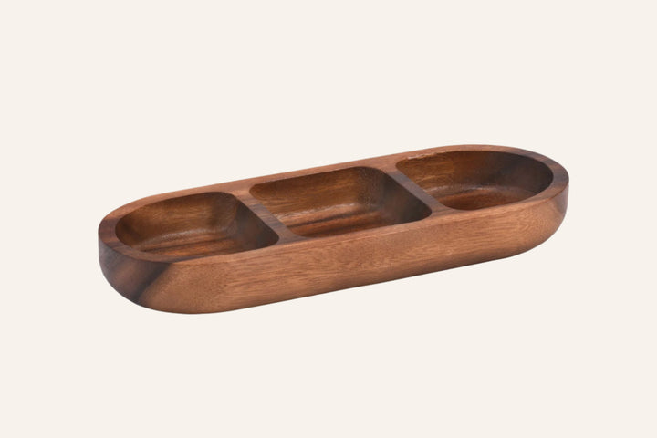 Solid Acacia Wood Candy/Nut Bowl Dish, 3-Compartments