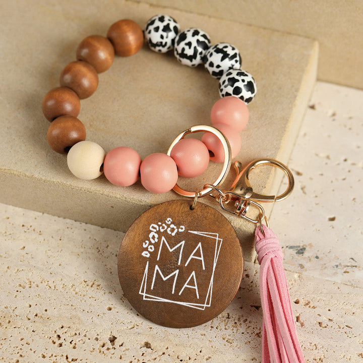 Wood Leopard Beads & Pink Fringe Keychain, Mama