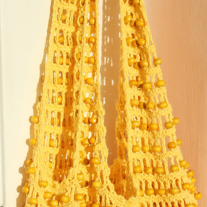 Wooden Beads Crochet Bag, Pale Yellow