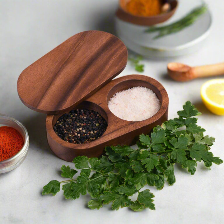 Handcrafted Salt & Pepper Pinch Pot With Cover, Acacia Wood