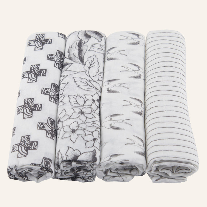 Baby Bamboo Muslin Swaddle Blankets 4-Pack, Monochromatic