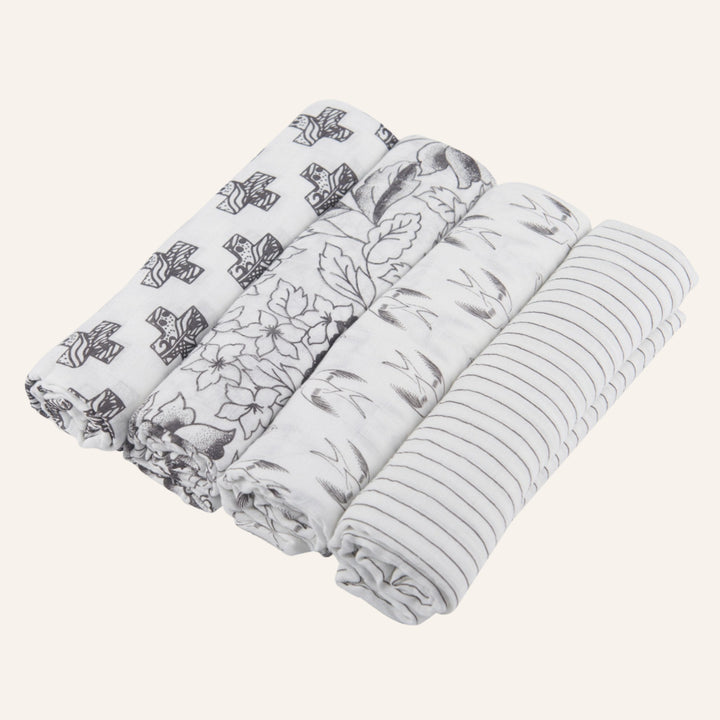 Baby Bamboo Muslin Swaddle Blankets 4-Pack, Monochromatic