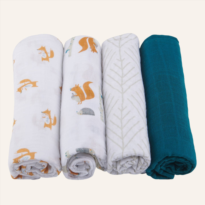 Baby Cotton Muslin Swaddle Pack of 4, Fun Forest